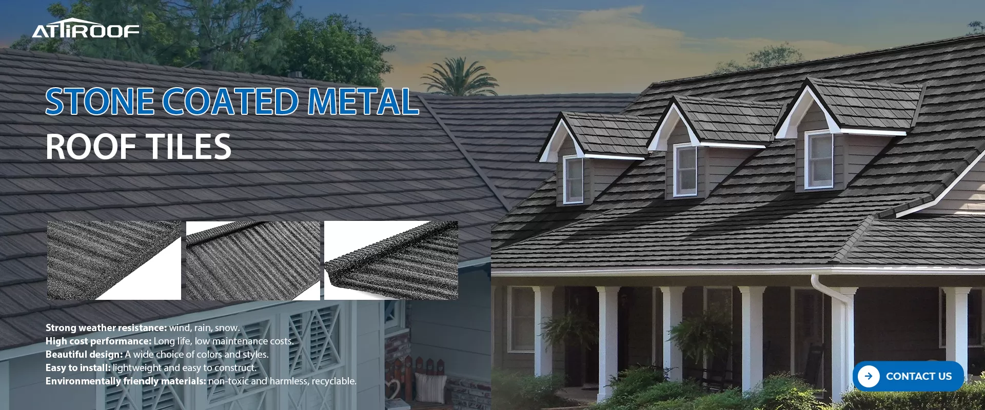 Traditional clay roof tiles on a sunny residential house with palm trees.