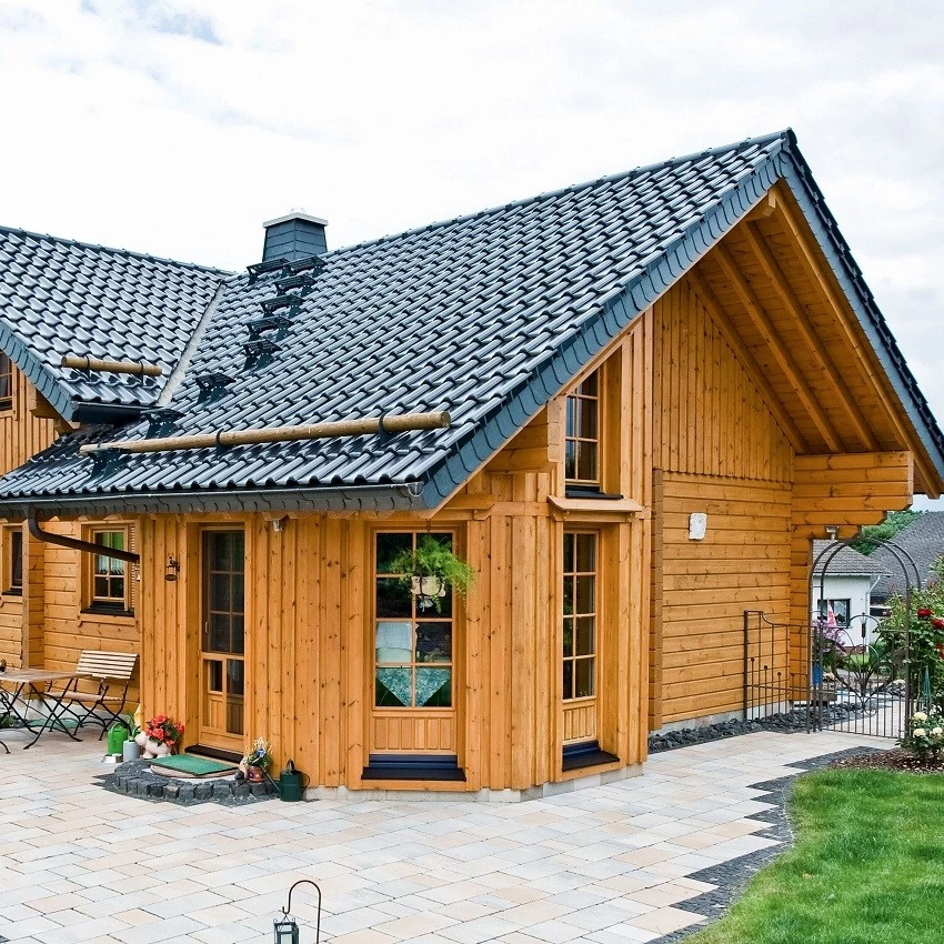 Traditional wooden house with durable synthetic resin roof tiles enhancing curb appeal and sustainability