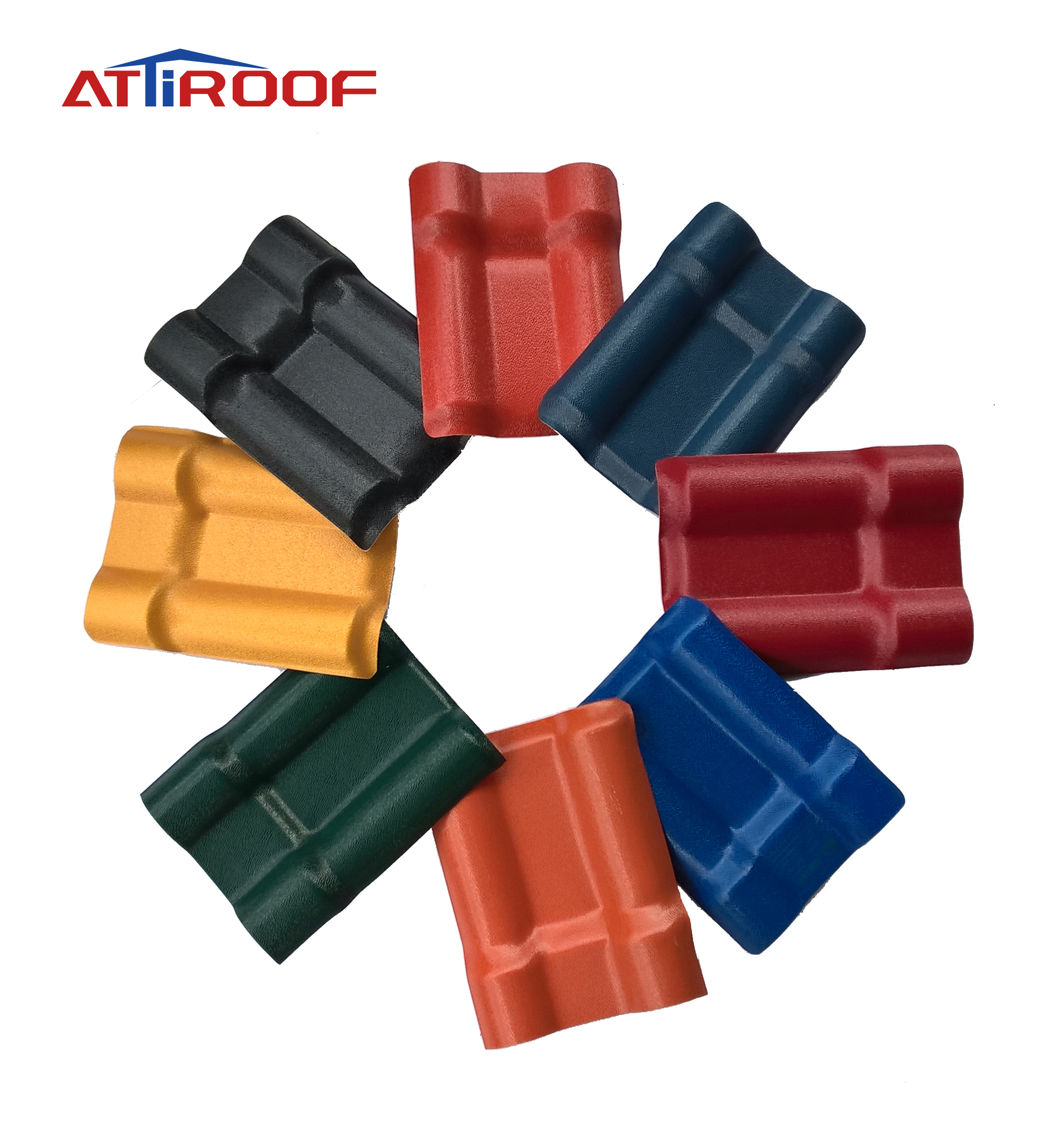 Colorful ATiROOF synthetic resin roof tile samples in black, red, navy, gold, green, orange, and blue, arranged in a circular pattern.