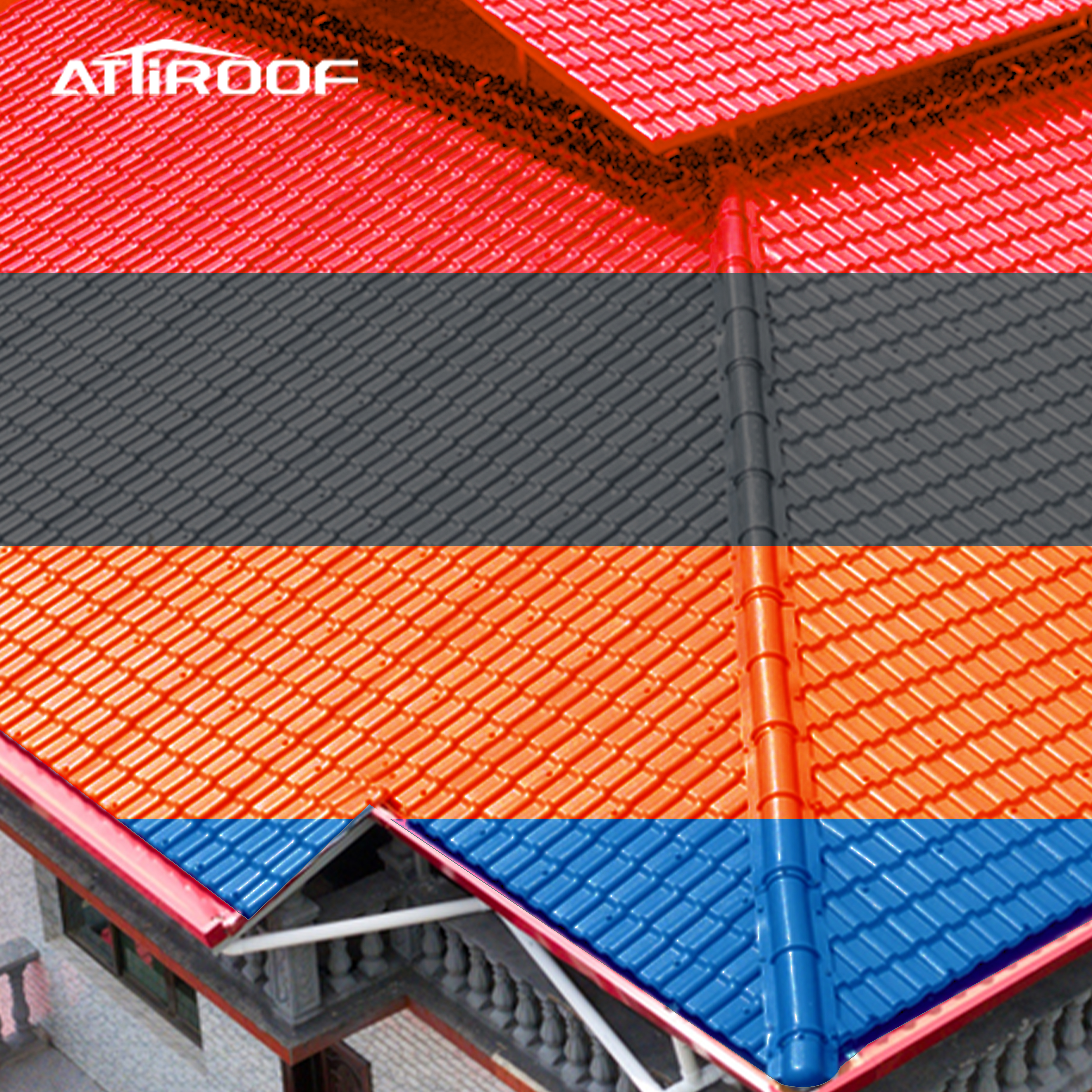 Close-up of synthetic resin roof tiles in a variety of colors and textures to demonstrate the range of customization options available.