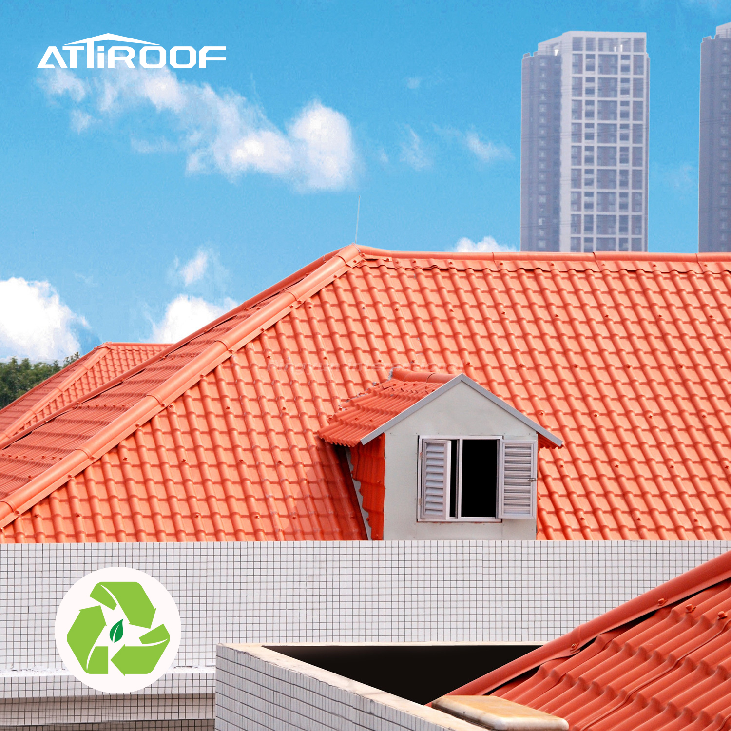 Roof with eco-friendly certification emblem, featuring red synthetic resin tiles, contrasting with a modern city skyline in the background.