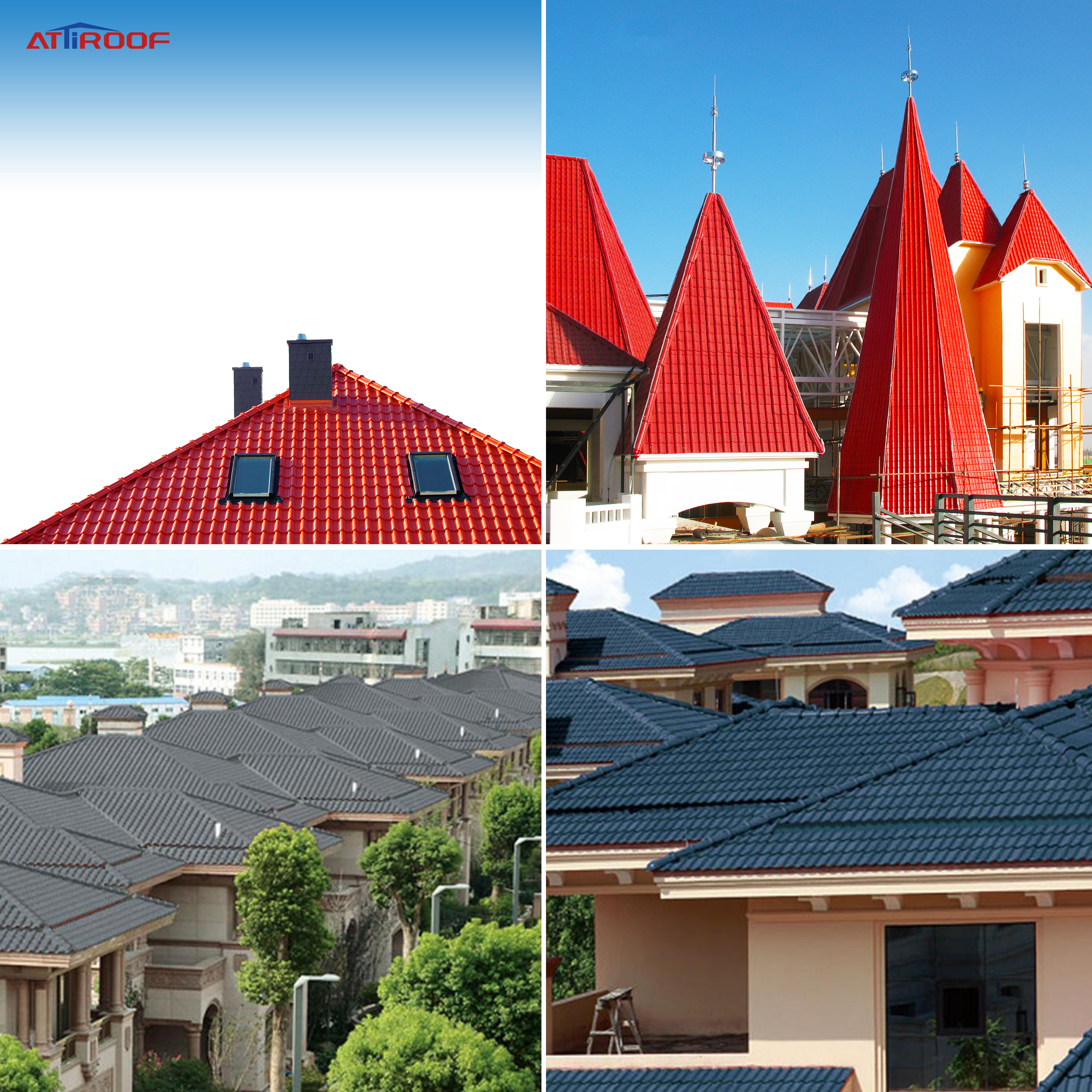 Collage of buildings with roofs in various colors and styles, demonstrating the application of synthetic resin tiles in different architectural designs.