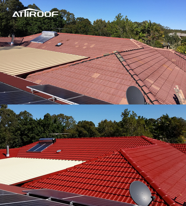 Before and after comparison of a historical residence's roof restoration, showing old beige tiles replaced with new red synthetic resin tiles.