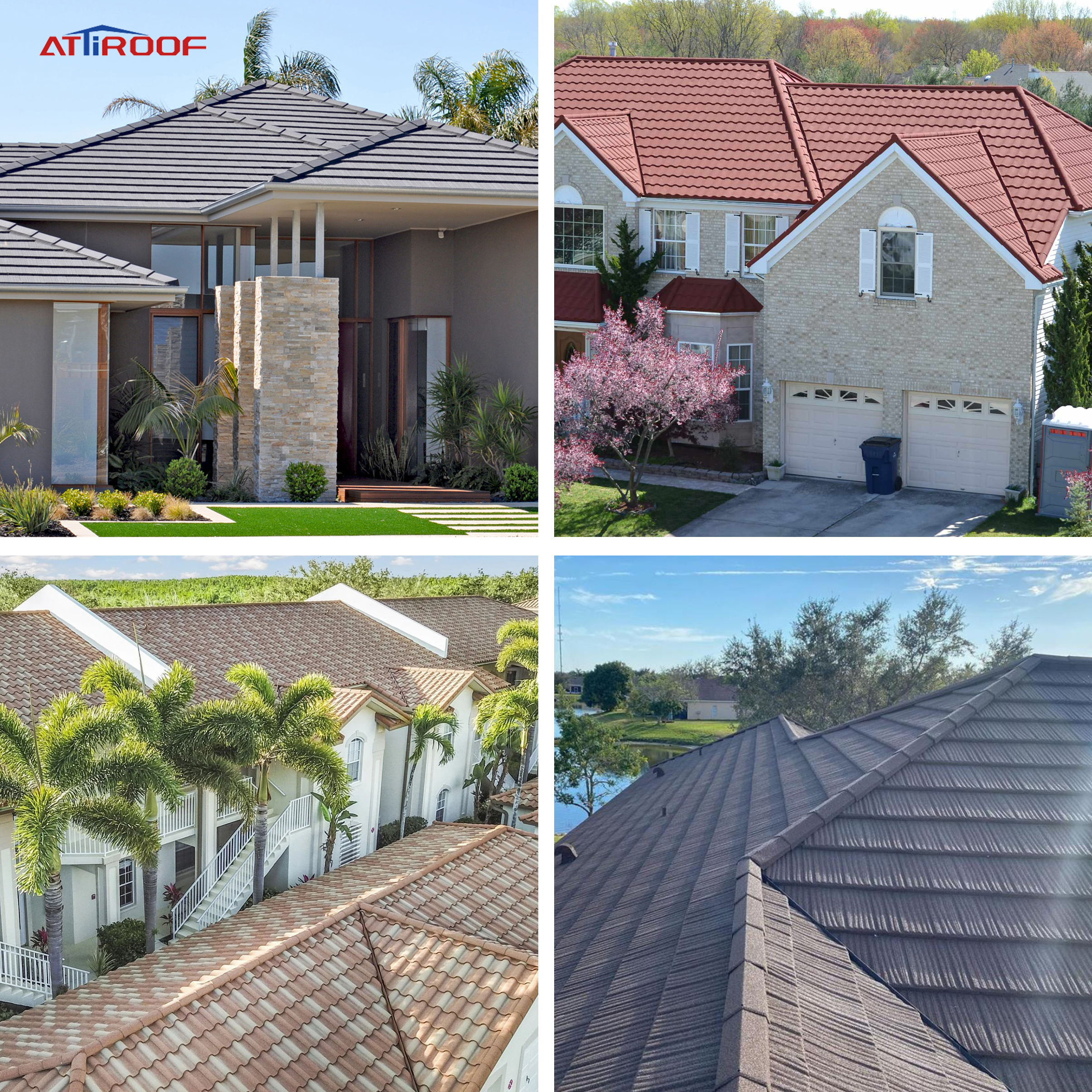 This photo set highlights ATLROOF's roof projects, featuring colored sand roofs that blend beautifully with various architectural styles.