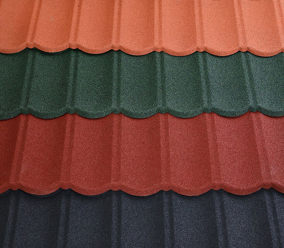 Four layers of colored stone tiles, from top to bottom, are orange red, dark green, brick red, and black.