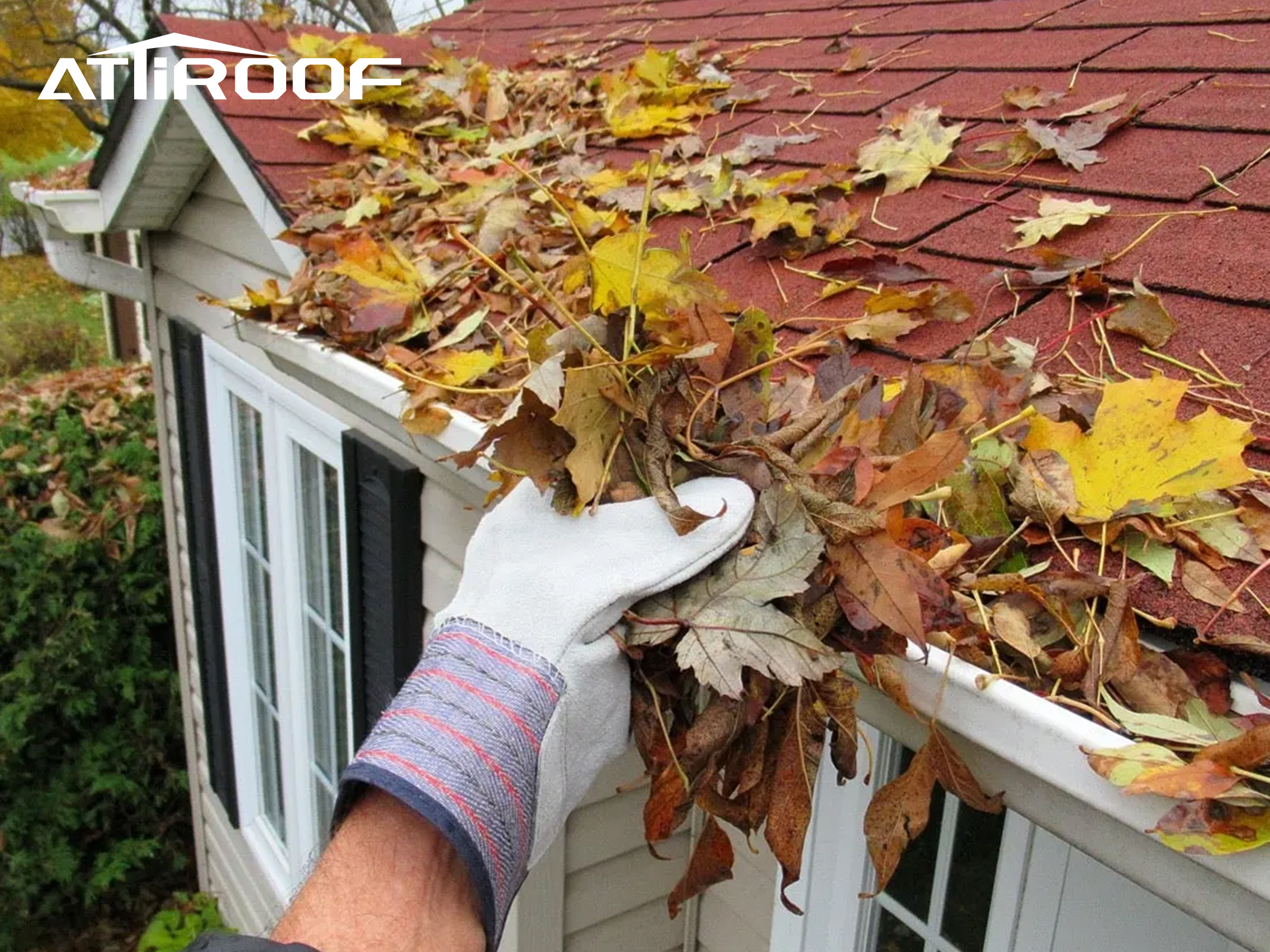 The worker is cleaning up the fallen leaves in the drainage system, holding a pile of fallen leaves in his hand.