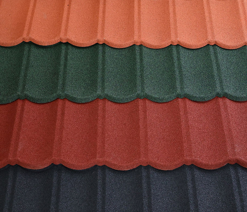 Four layers of colored stone tiles, from top to bottom, are orange red, dark green, brick red, and black.