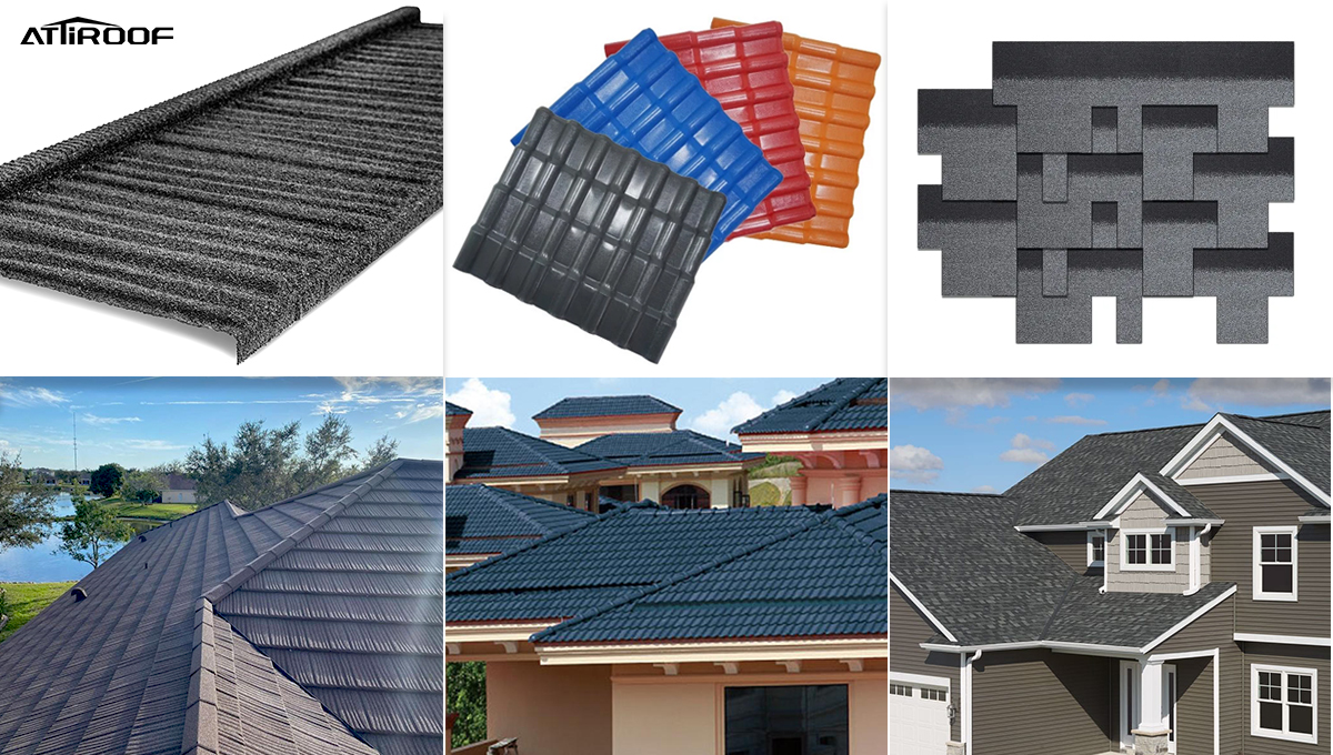 Comparison of roofing materials by Atiroof, featuring metal, plastic, and asphalt shingles, along with various roof designs in residential settings.