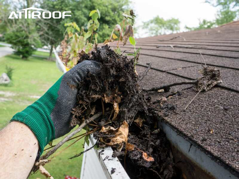 maintenance work on a roof, highlighting the importance of cleaning gutters.