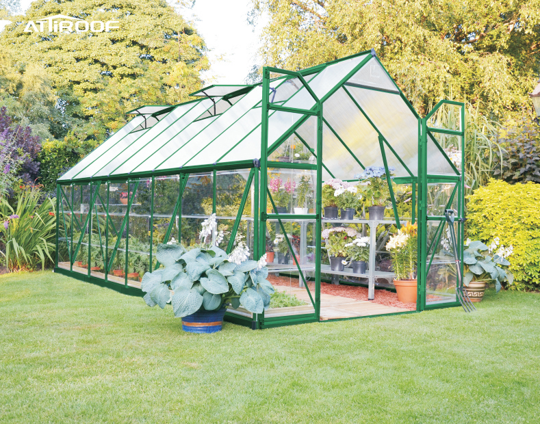 Greenhouse with clear polycarbonate roof sheeting showcasing the pros and cons of using this material.