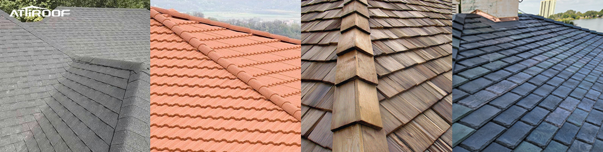 Close-up of various roof tile designs: asphalt shingles, clay tiles, wooden shingles, and slate tiles. Keywords: Roof Tiles Design.