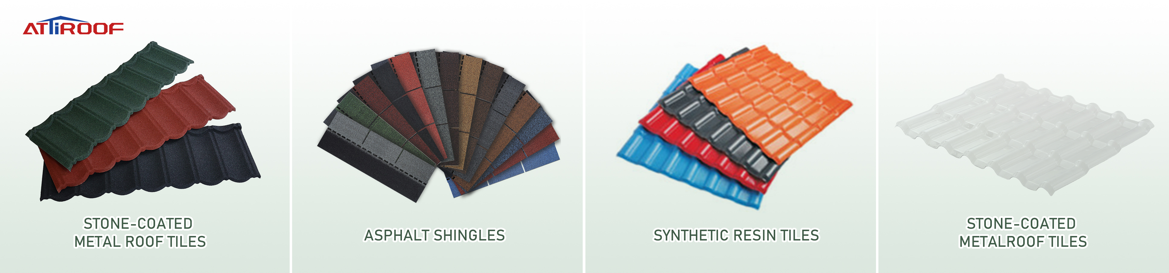 Various roof tiles including stone-coated metal, asphalt shingles, and synthetic resin tiles. Roof tiles price options.