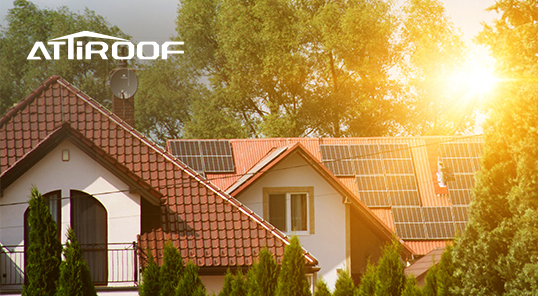 Residential homes with cool roof tiles, solar panels, and lush greenery. Cool roof tiles for energy efficiency. 