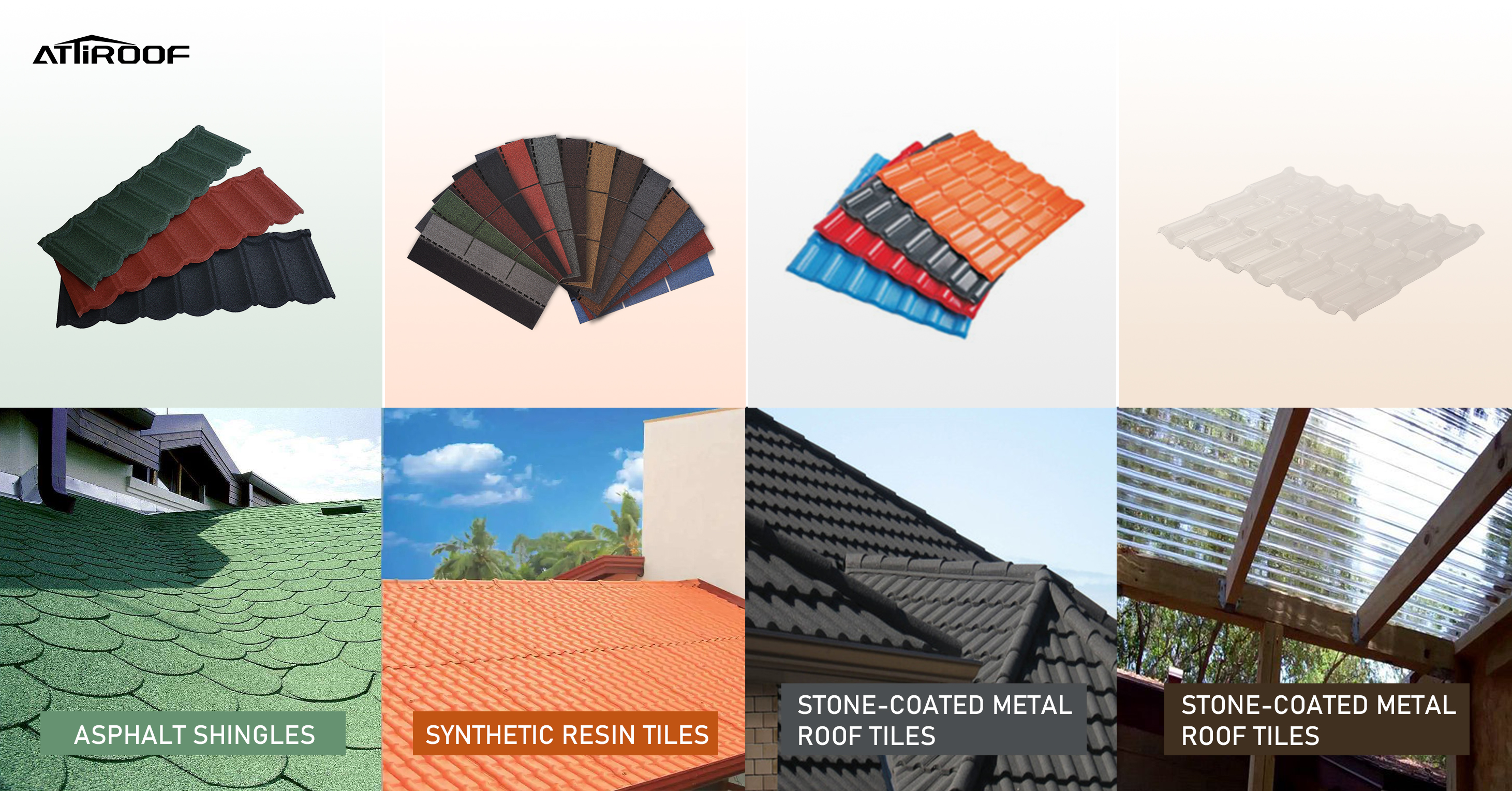 Various cool roof tiles including asphalt shingles, synthetic resin tiles, and stone-coated metal roof tiles in different applications.