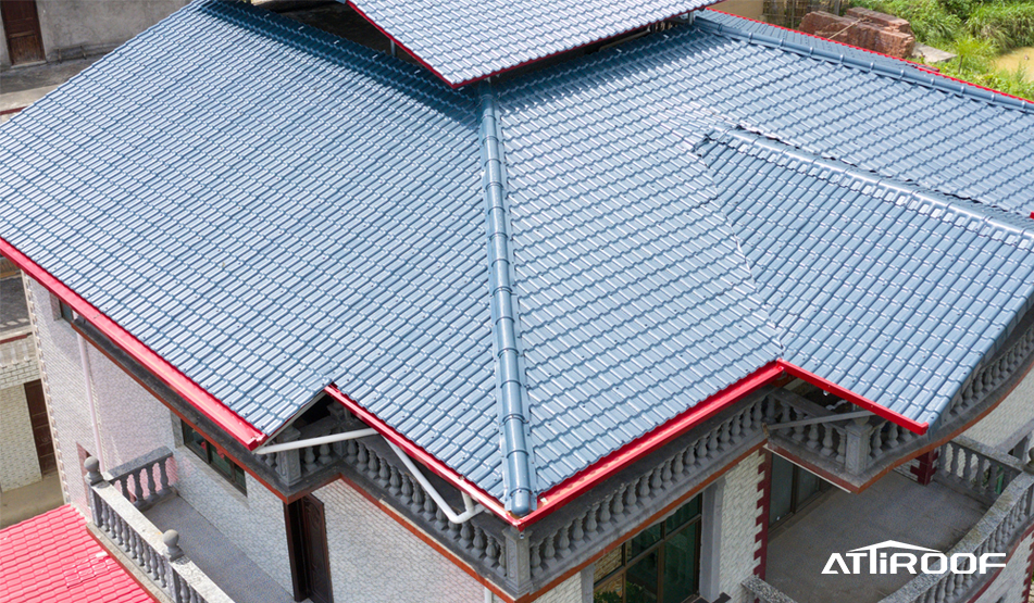 Different Types of Roof Tiles - Lightweight synthetic resin tiles on a city building roof.