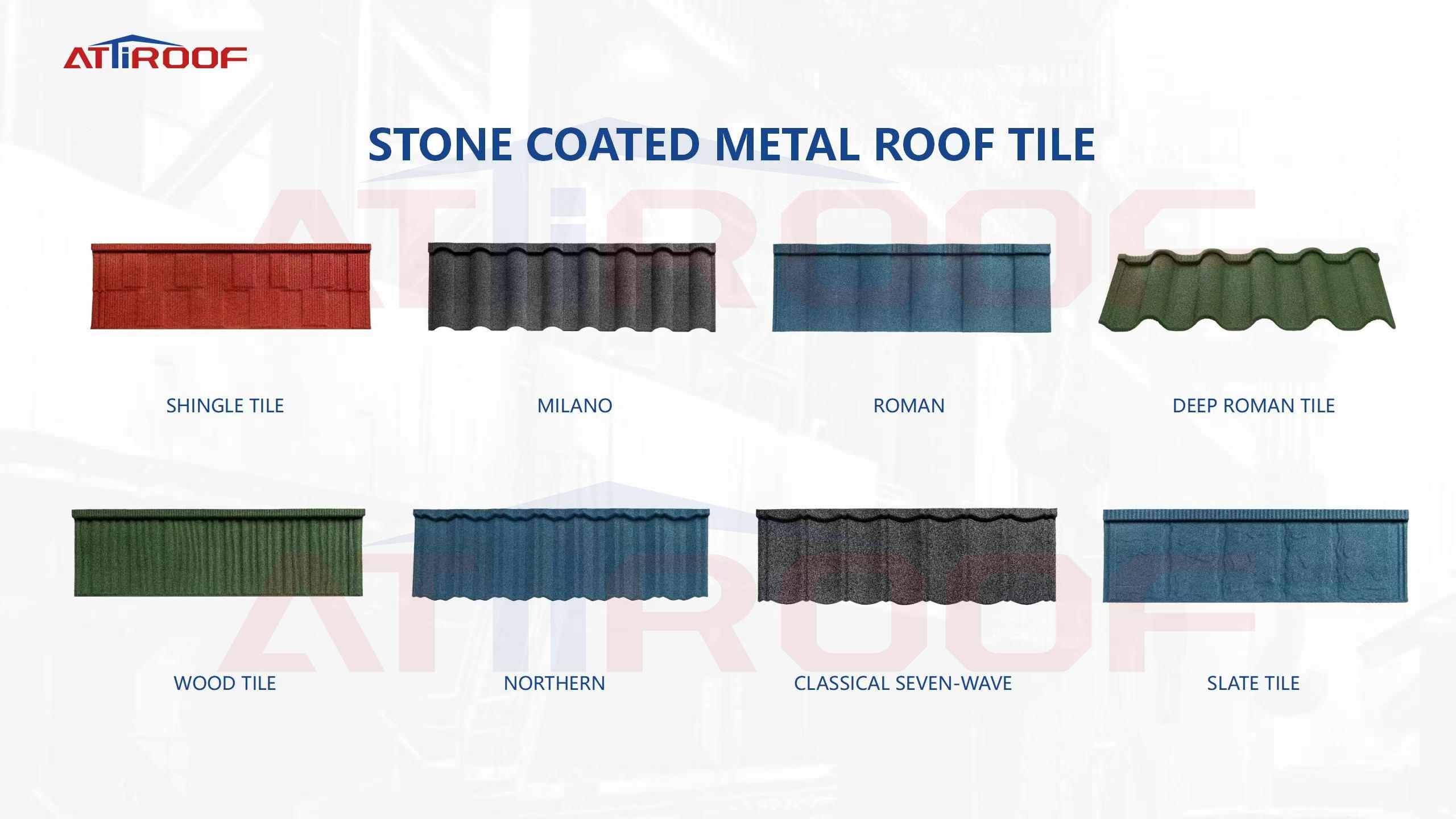 Various styles and colors of stone-coated metal roof tiles including shingle, Milano, Roman, deep Roman, wood, Northern, classical seven-wave, and slate tiles.