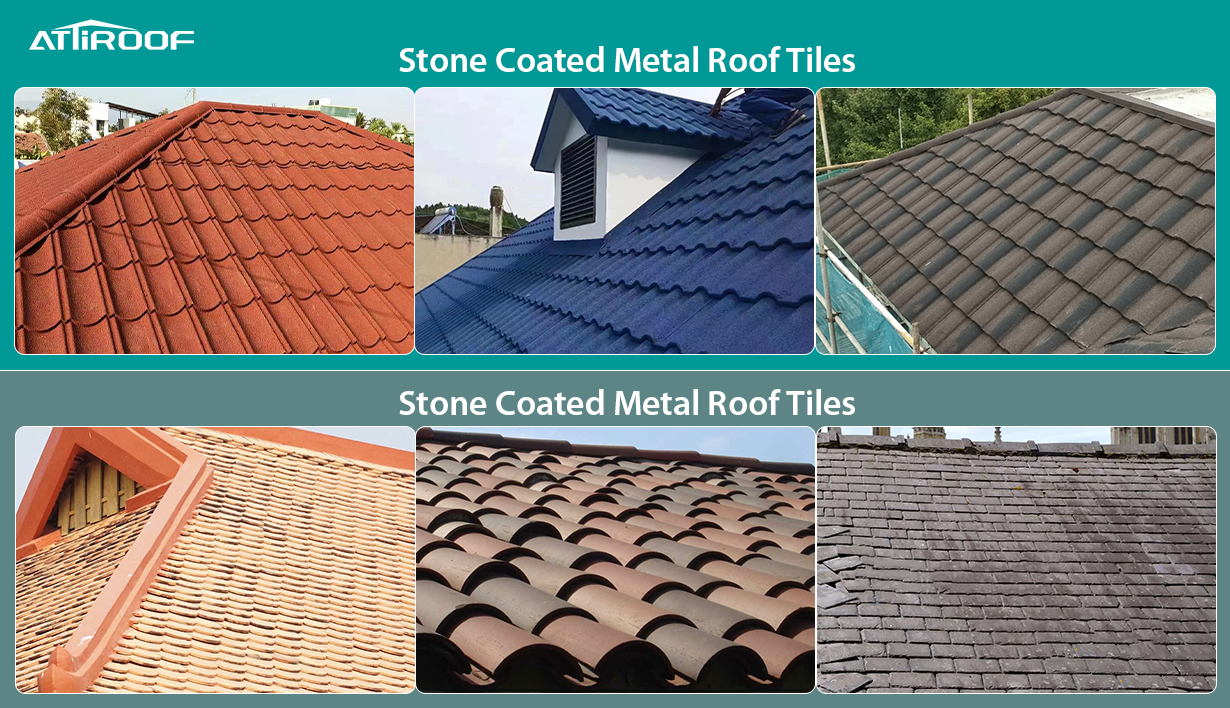 The image shows various stone coated metal roof tiles in red, blue, and gray, highlighting different roof designs and styles.