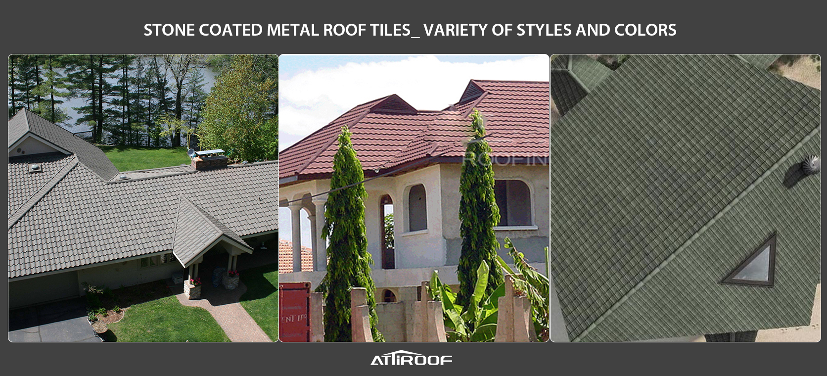 various stone coated metal roof tiles in different styles and colors, highlighting the versatility and aesthetic appeal. Core keyword: stone coated metal roof tiles.