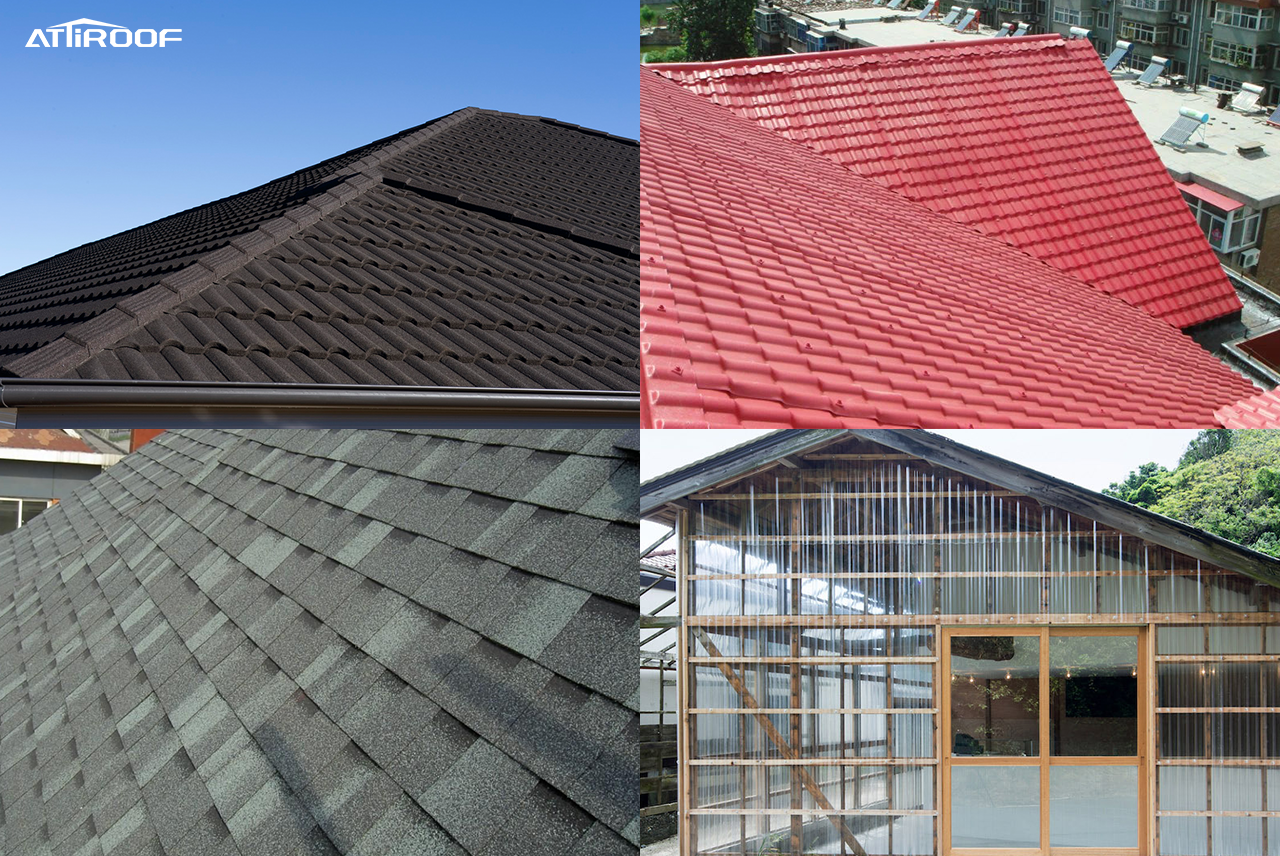 A jigsaw showing stone-coated metal shingles, synthetic resin shingles, asphalt shingles and clear polycarbonate roofing panels.