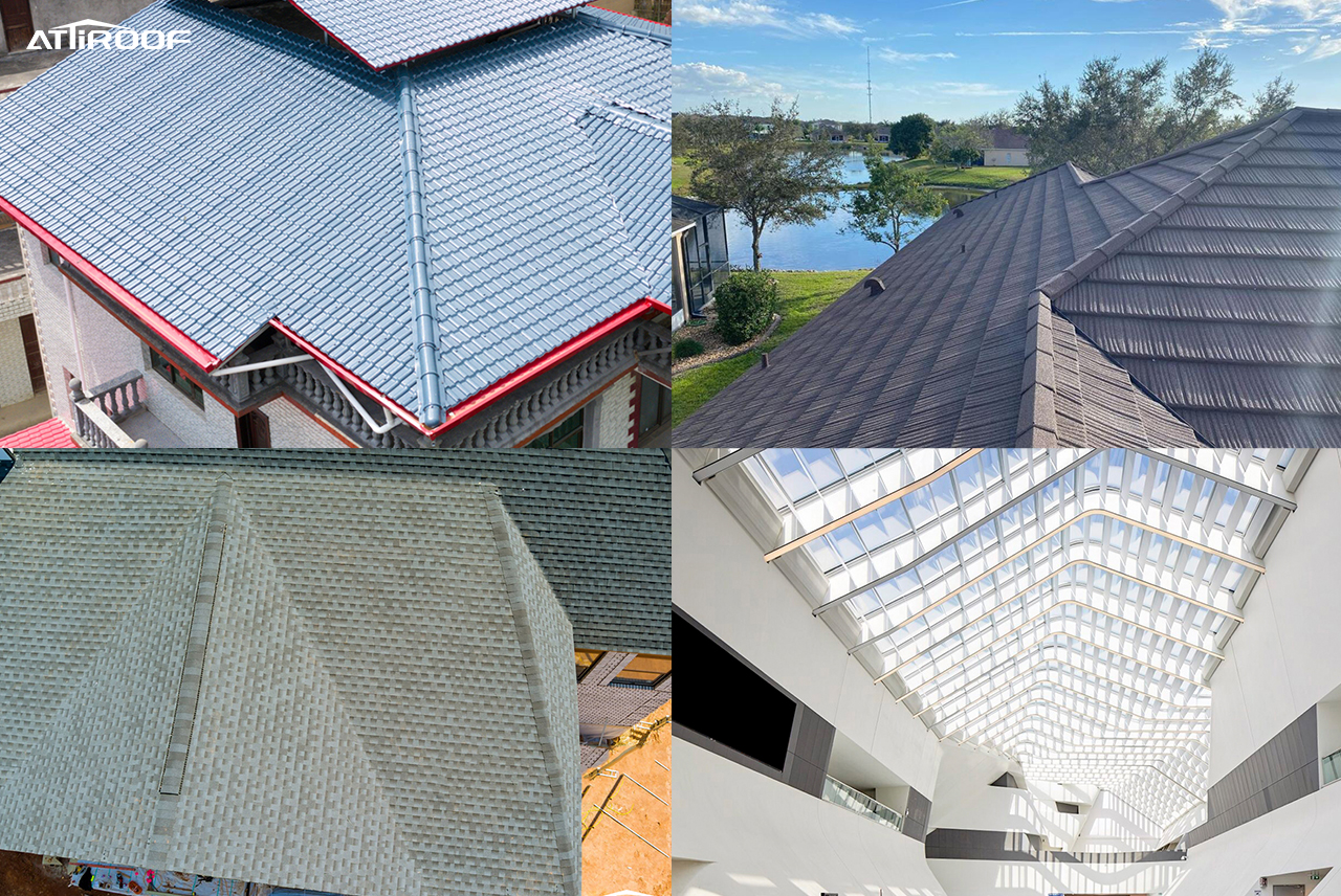 An effect image showing different styles of roofing with stone-coated metal tiles, synthetic resin tiles, asphalt tiles and transparent polycarbonate roofing panels.