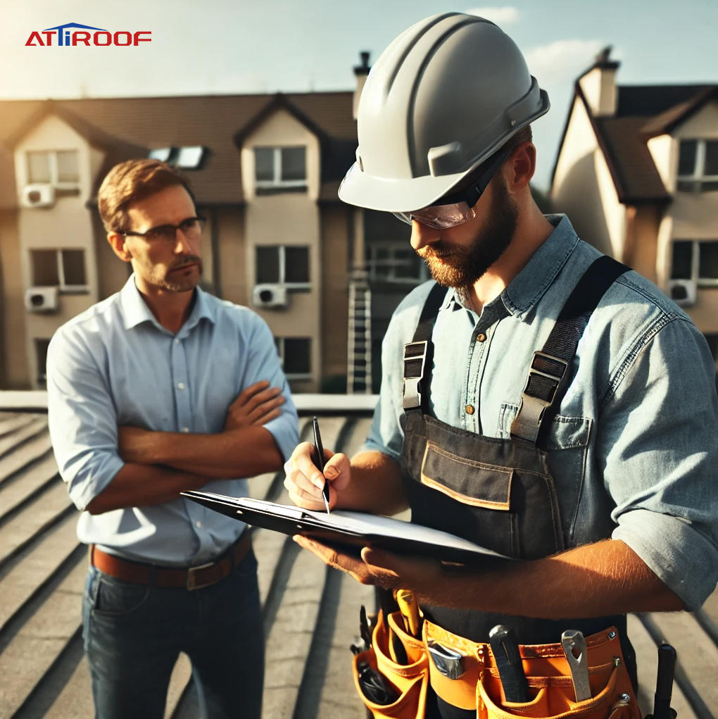 Roofing professionals are conducting a roofing assessment with a book in hand.