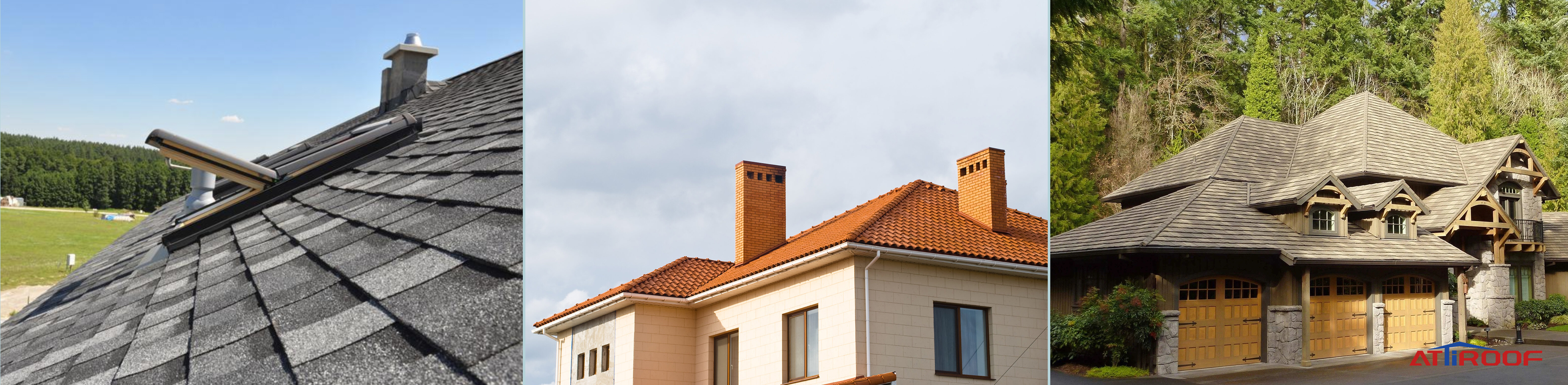 Renderings of different building styles (e.g. modern, traditional, rural) using different roof tile materials (asphalt shingles, resin shingles, colored stone shingles).