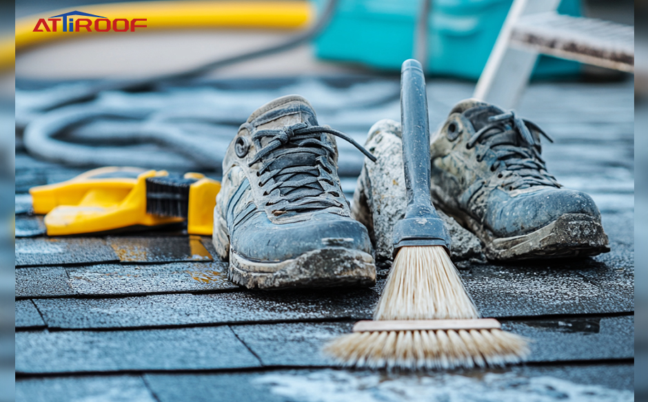 Tools and safety equipment needed to clean the roof, such as brushes, waterproof shoes.