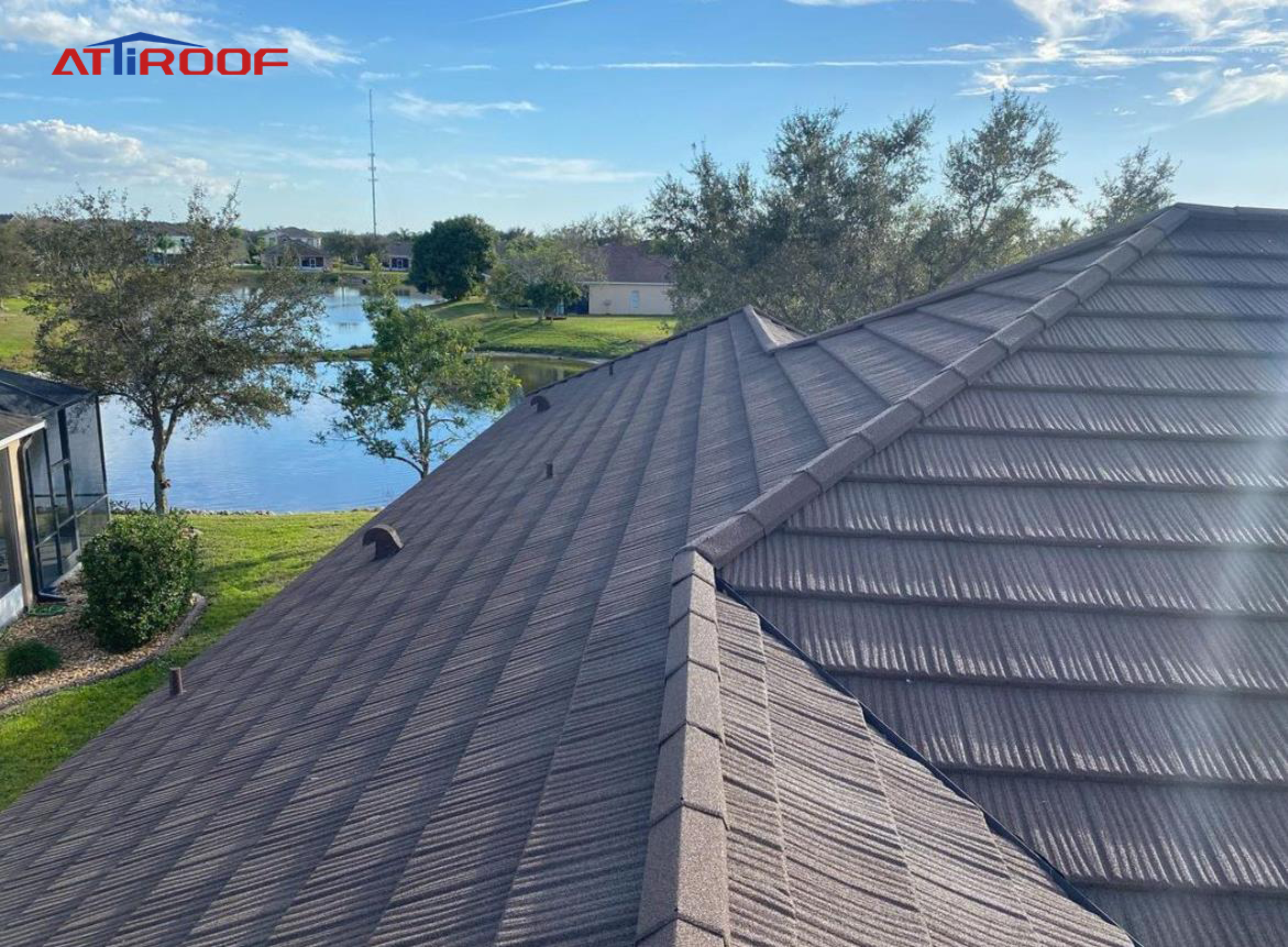 Painted stone metal roof tiles reflect sunlight and heat on the roof and evaporate water vapor.