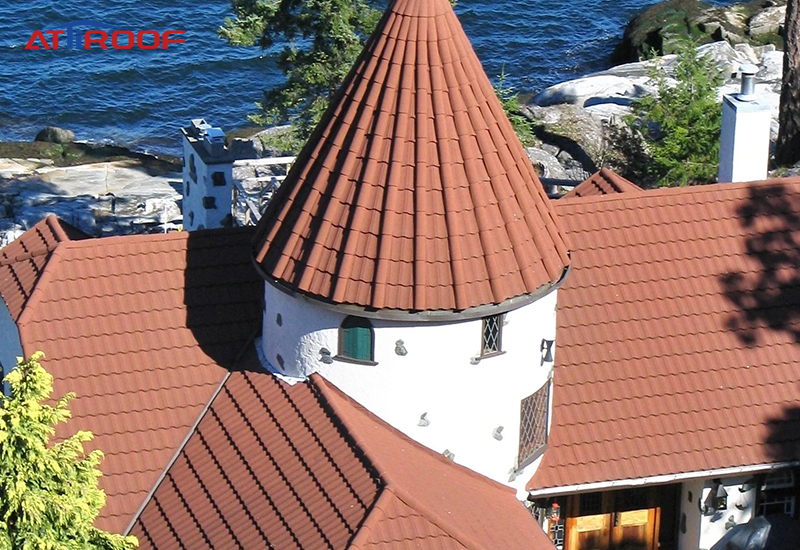 Pyramid shaped roof made of metal tiles.